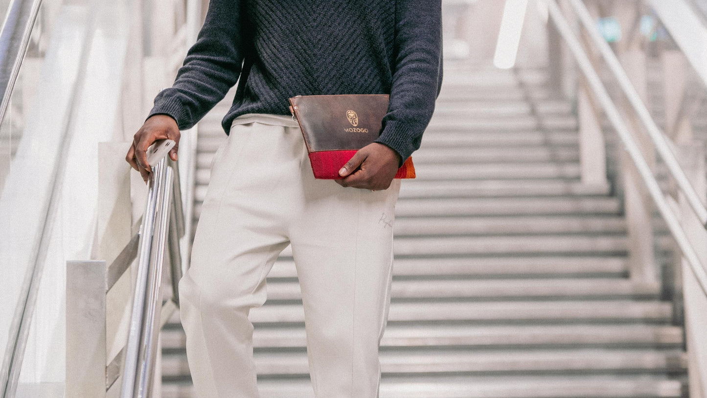 Pochette homme cuir & coton motif berbère, marron et rouge