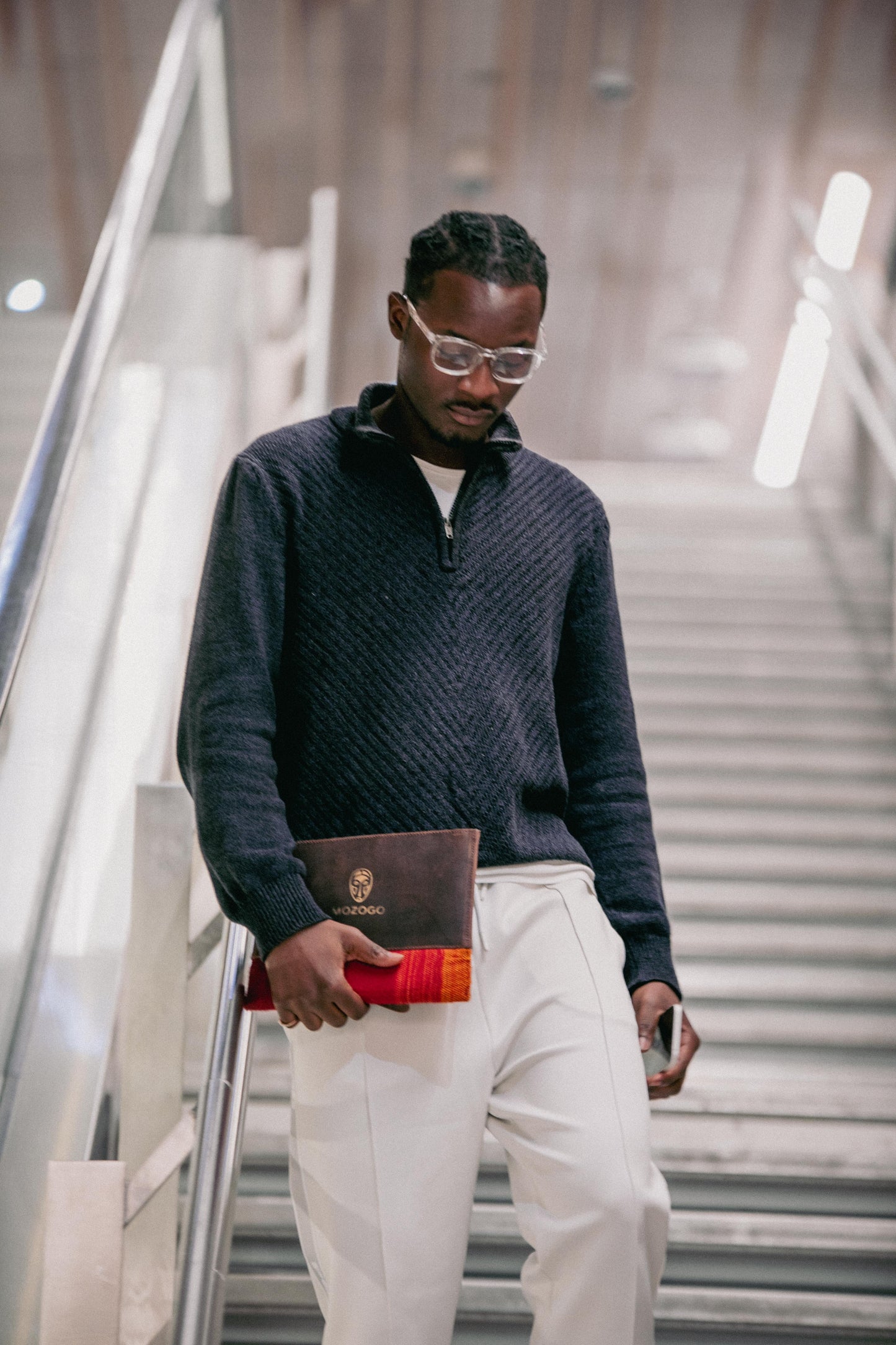 Pochette homme cuir & coton motif berbère, marron et rouge